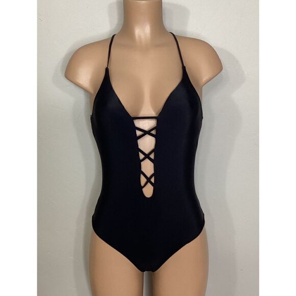 New. BECCA black plunge neck swimsuit. Small - Picture 5 of 14